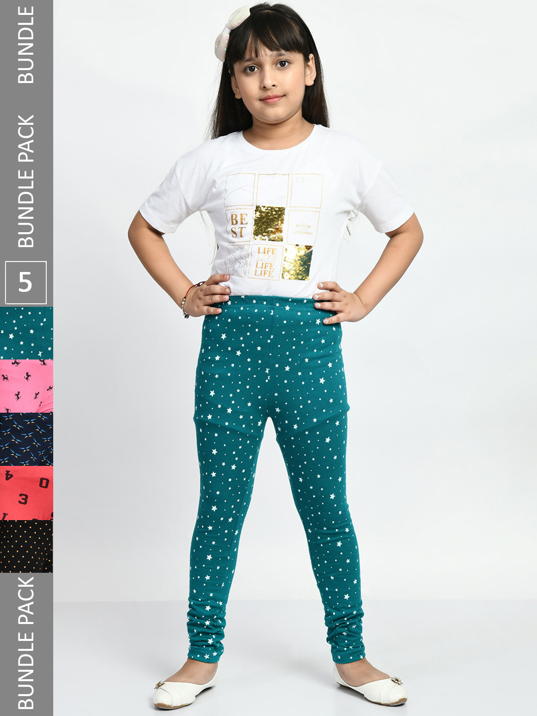 BAESD Girls Pack Of 5 Printed Ankle Length Pure Cotton Leggings