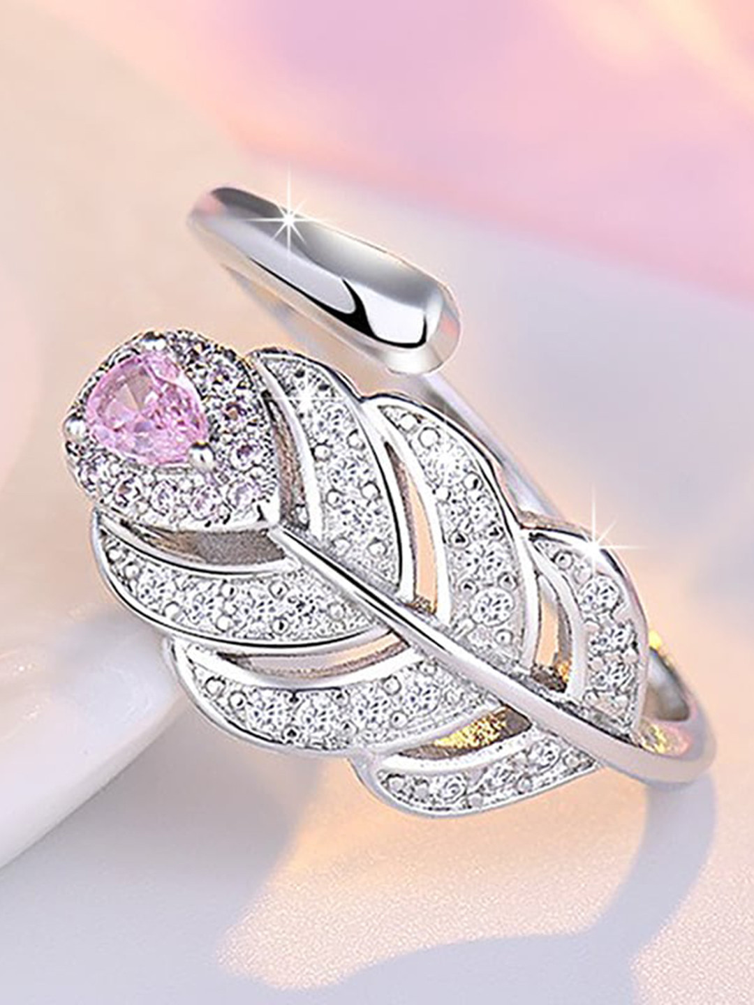 MYKI Silver-Plated CZ-Studded Feather Shaped Finger Ring