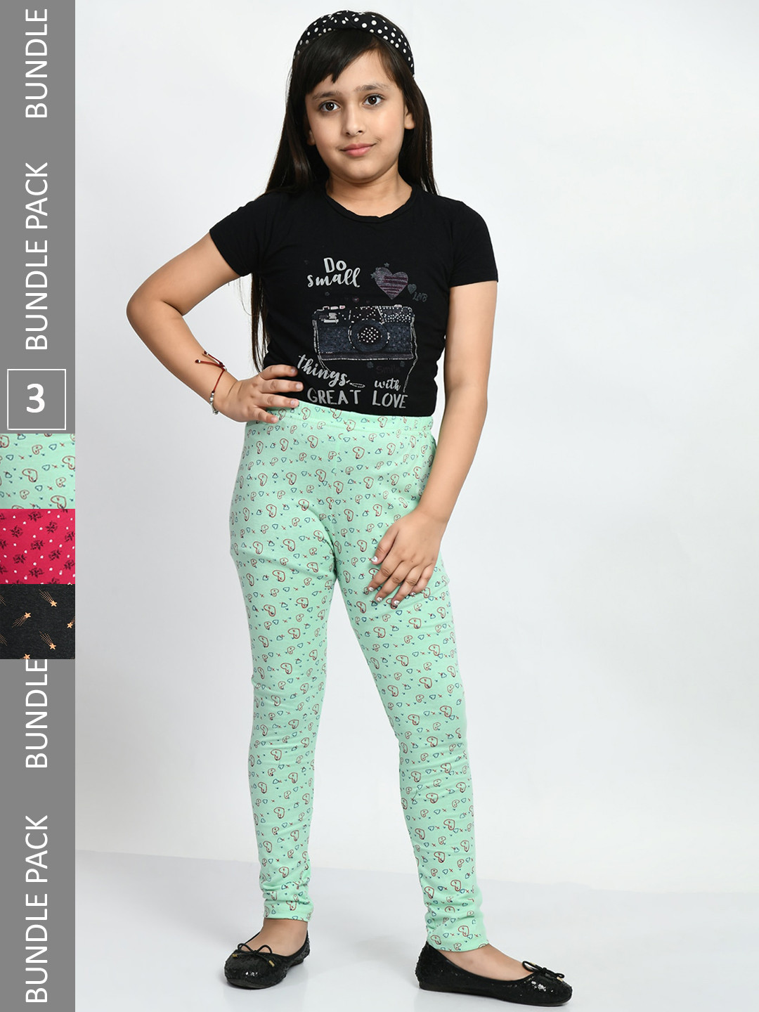 BAESD Girls Pack of 3 Printed Super Soft Pure Cotton Churidar- Length Leggings