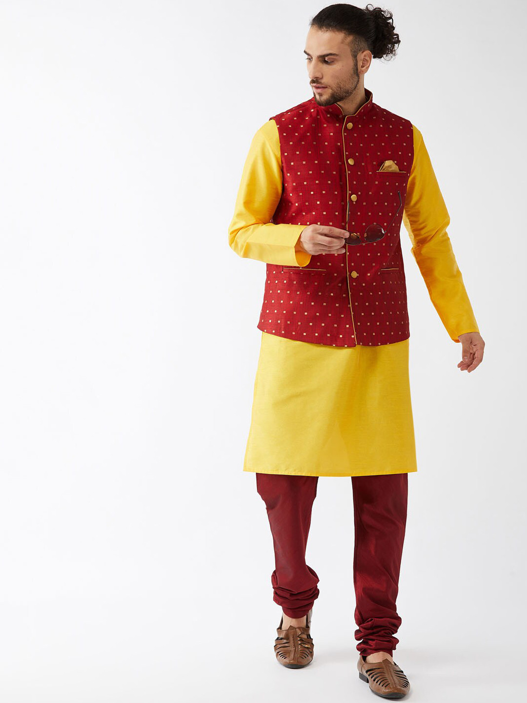 VASTRAMAY Mandarin Collar Zari Kurta with Churidar & Nehru Jacket