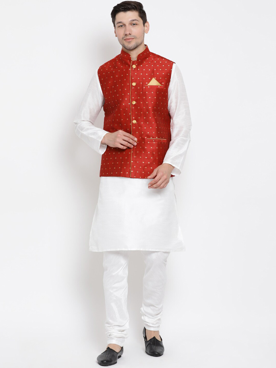 VASTRAMAY Mandarin Collar Kurta With Churidar & Nehru Jacket