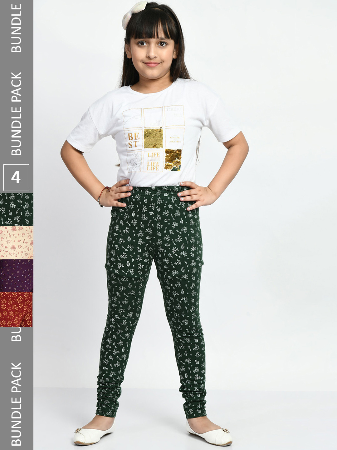 BAESD Girls Pack Of 4 Printed Cotton Churidar-Length Leggings