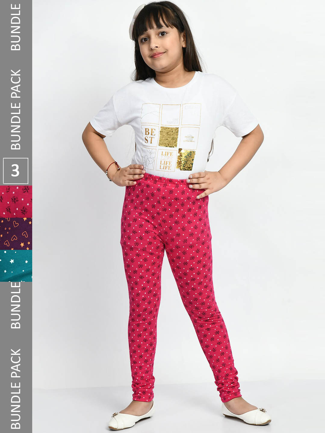 BAESD Girls Pack Of 3 Printed Pure Cotton Churidar-Length Leggings