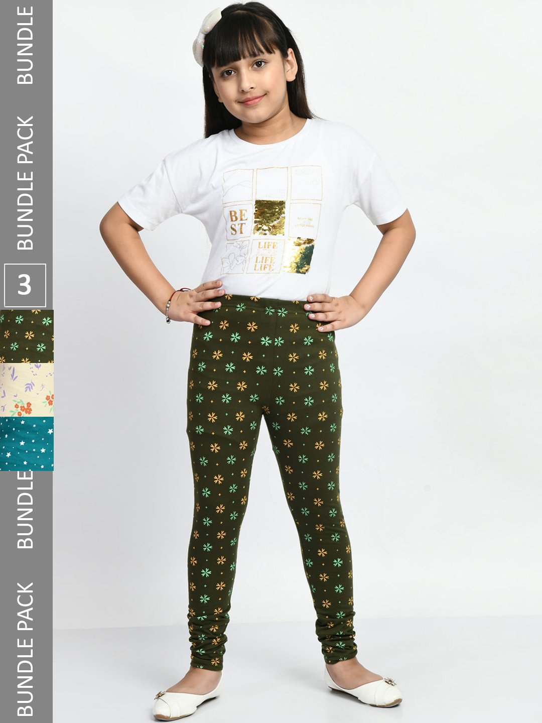 BAESD Girls Pack Of 3 Printed Pure Cotton Churidar-Length Leggings