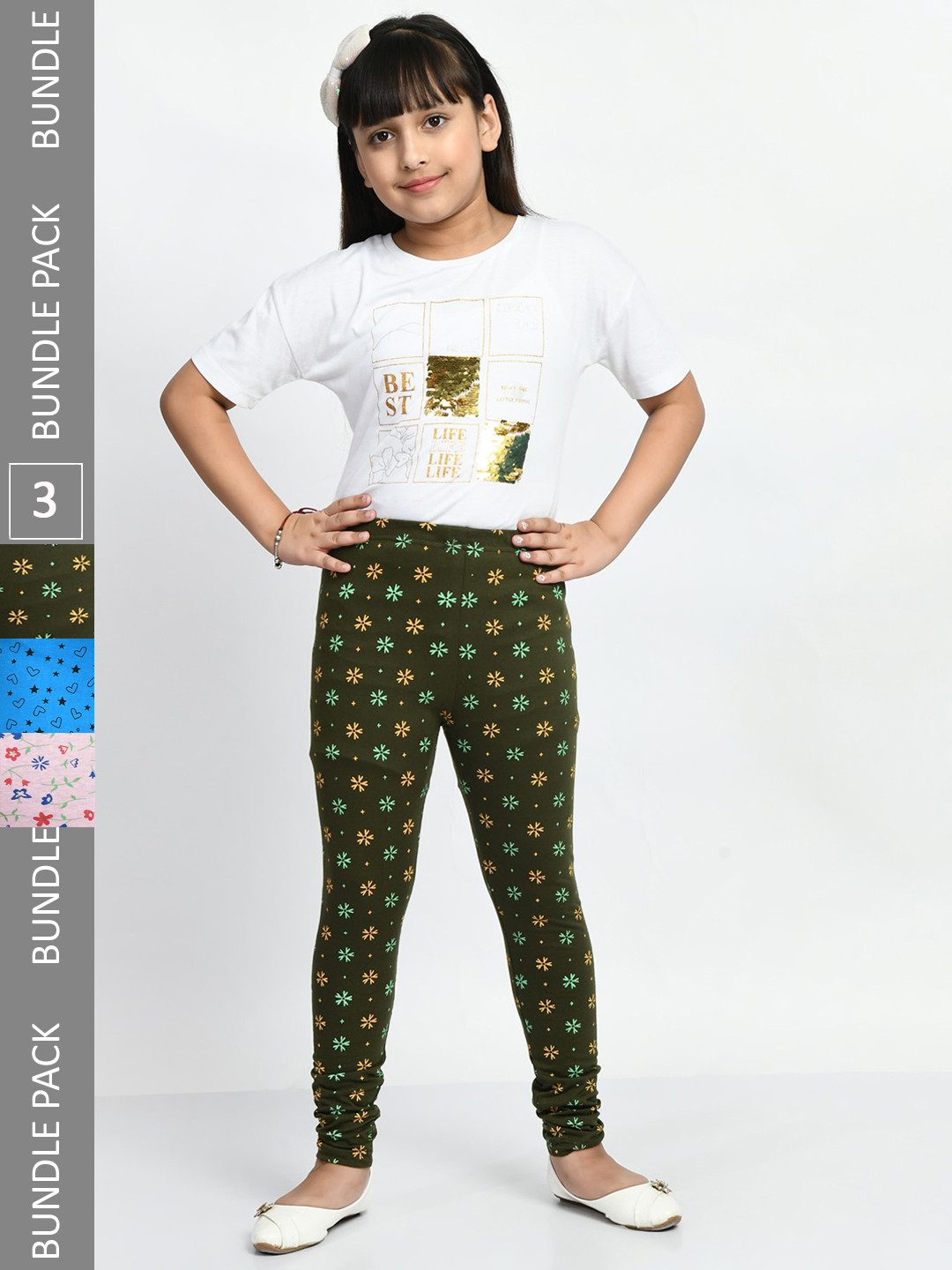 BAESD Girls Pack Of 3 Printed Pure Cotton Churidar-Length Leggings