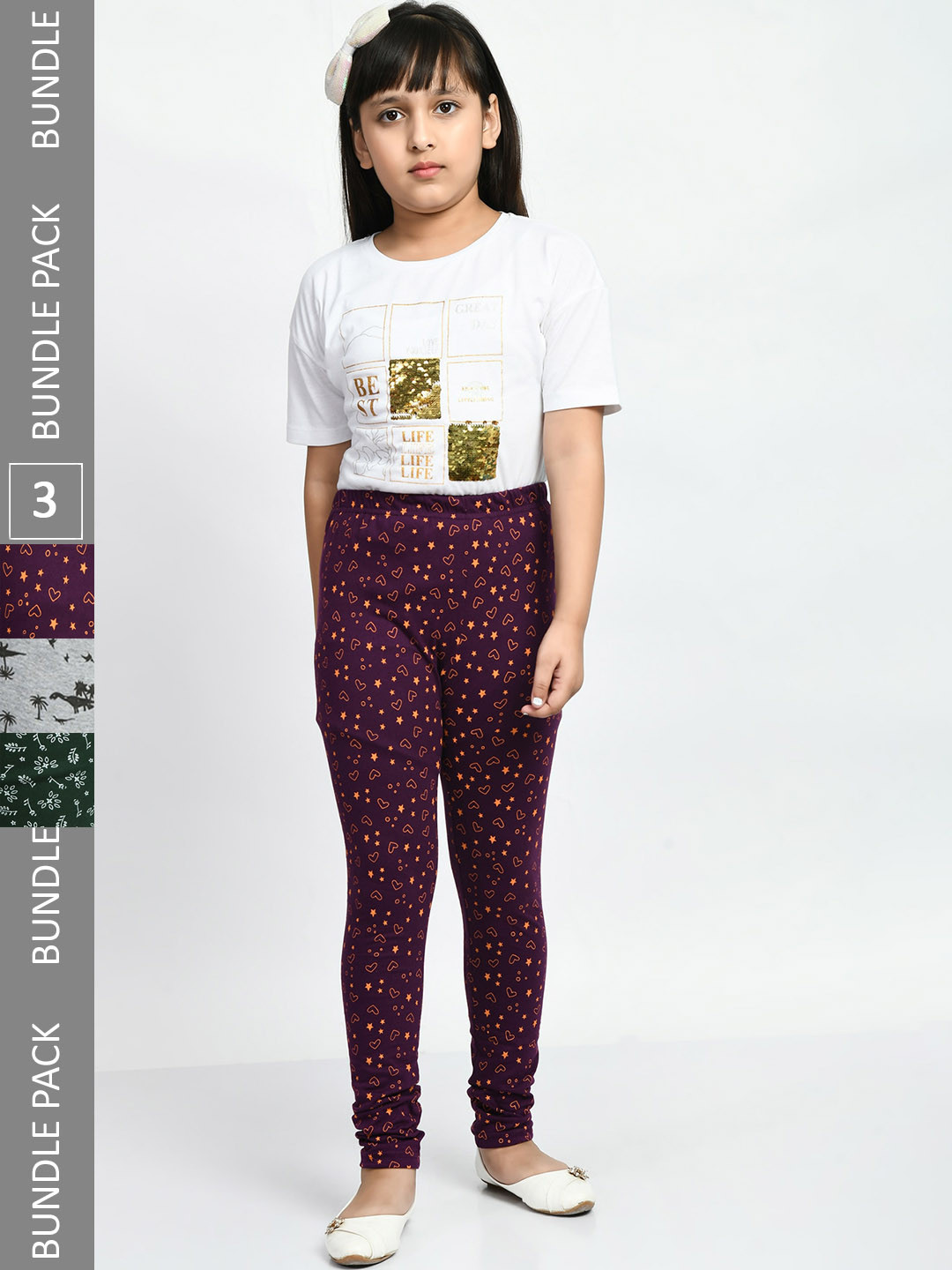 BAESD Girls Pack Of 3 Printed Cotton Churidar-Length Leggings