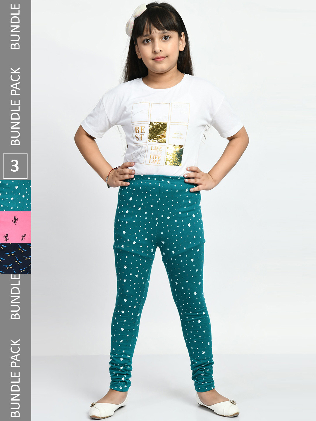 BAESD Girls Pack Of 3 Printed Cotton Churidar-Length Leggings
