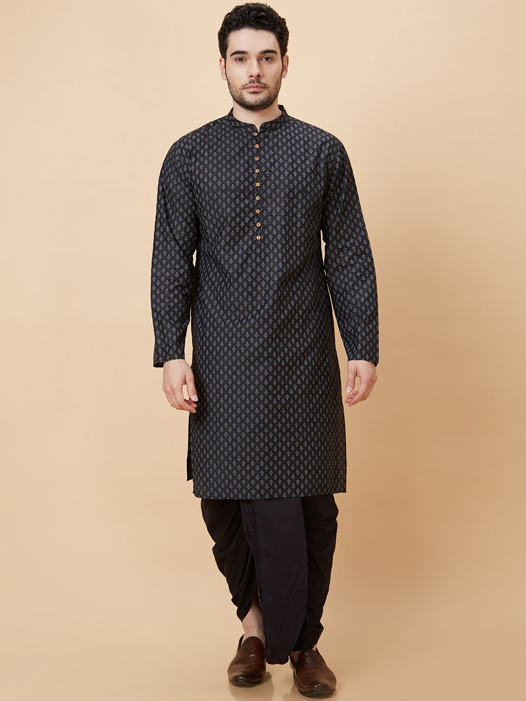 Globus Black Mandarin Collar Ethnic Motifs Printed Pure Cotton Kurta