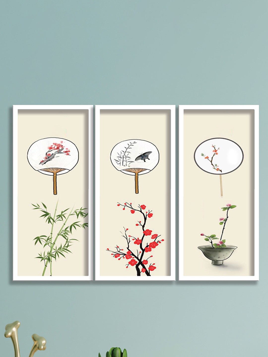 SAF Flower Beige Canvas 3 Pcs Wall Living Room Rectangle Paintings Wall Art -16.5 x 7.5In