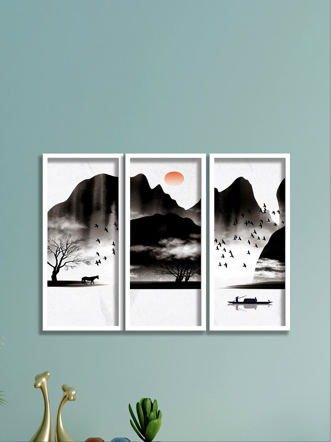 SAF White Canvas 3 Pcs Wall Living Room Rectangle Potrait Paintings Wall Art -16.5 x 7.5In