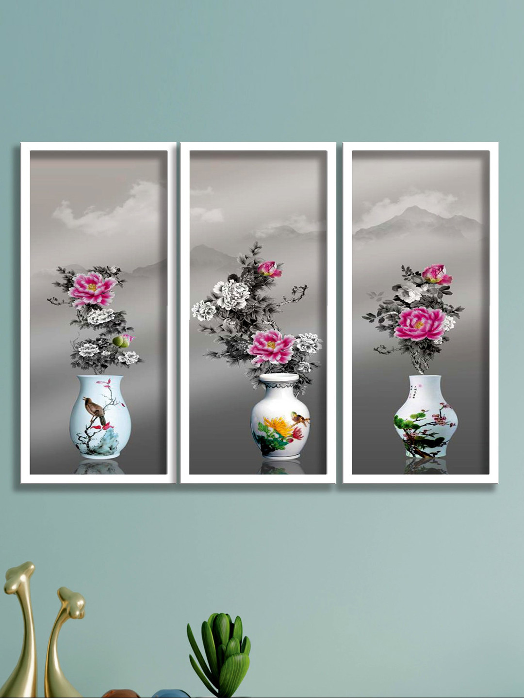 SAF 3-Pcs Grey & Pink Floral Painting Wall Art