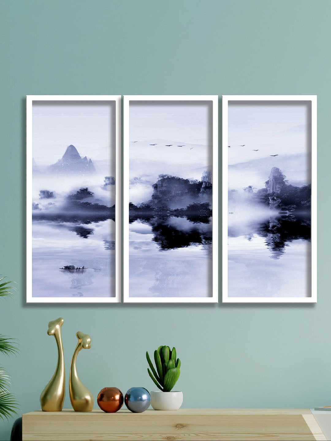 SAF 3-Pcs White & Blue Abstract Art Painting Wall Art