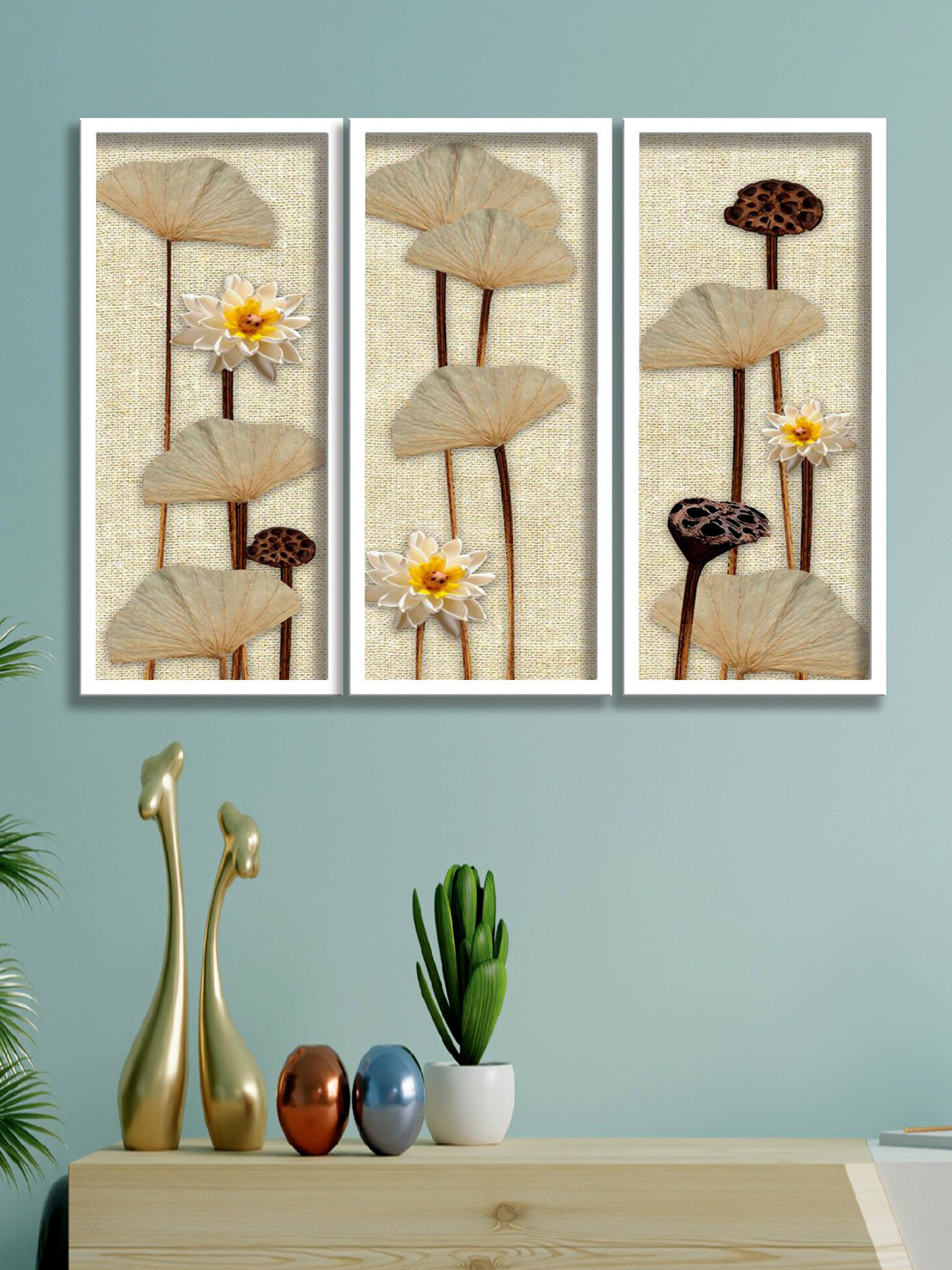 SAF Flowers Beige Canvas 3 Pcs Wall Living Room Rectangle Paintings Wall Art -16.5 x 7.5In
