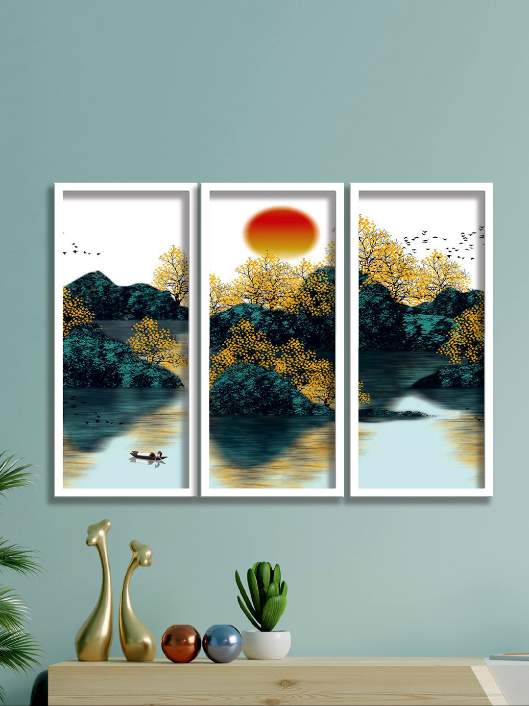SAF 3 Pieces White & Green Water & Sun Printed Framed Wall Painting