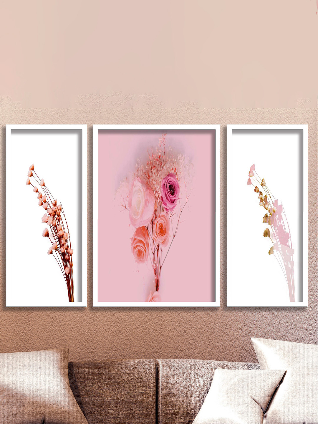 SAF 3-Pcs White & Pink Flower Painting  Wall Art