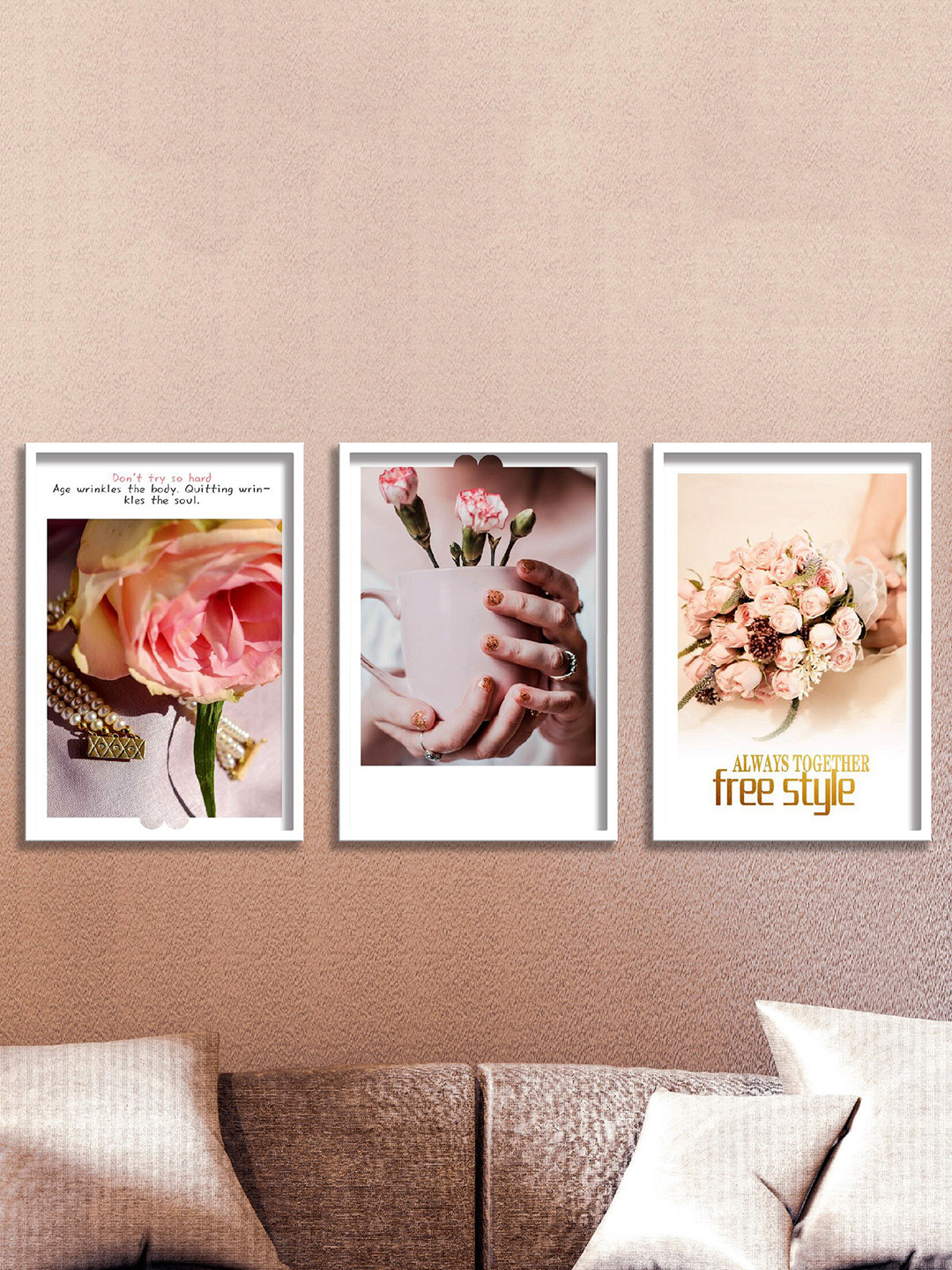 SAF 3-Pcs White & Pink Flower Painting Wall Art