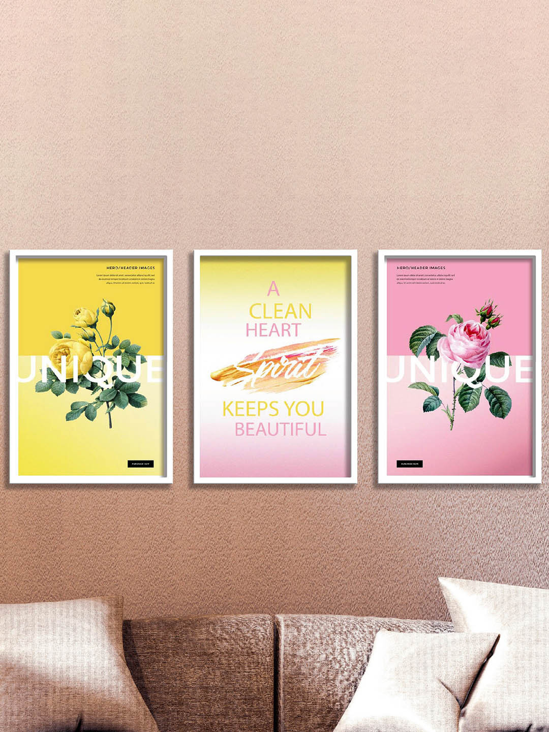 SAF 3-Pcs Yellow & Pink Birds & Flower Painting Framed Wall Art