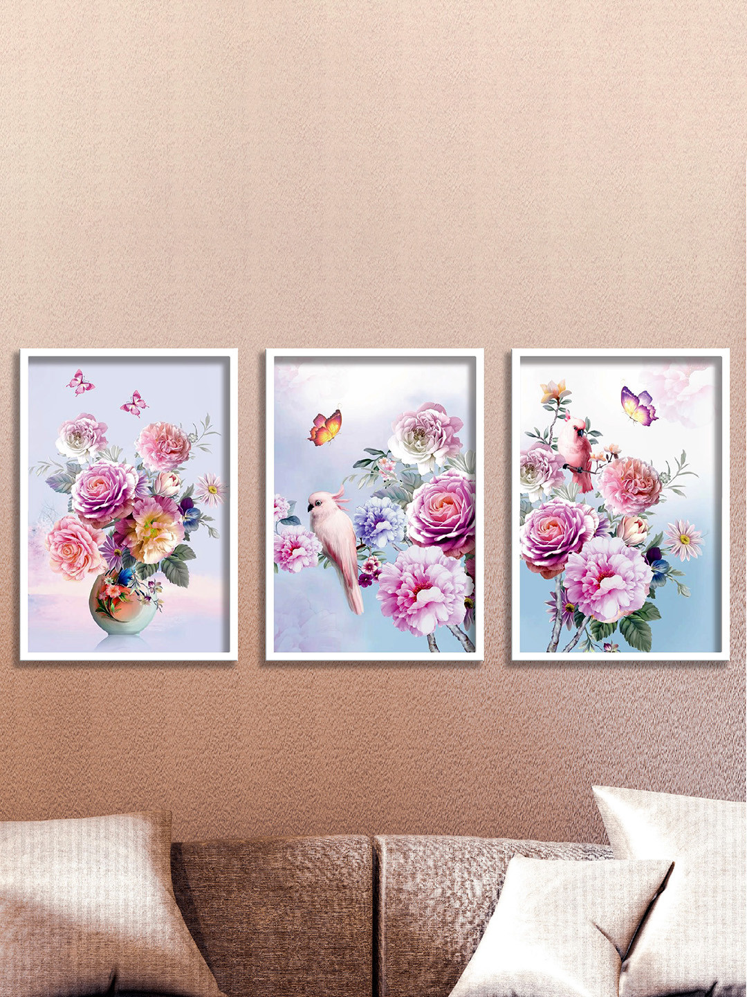 SAF 3-Pcs Blue & Pink Flower Painting Wall Art