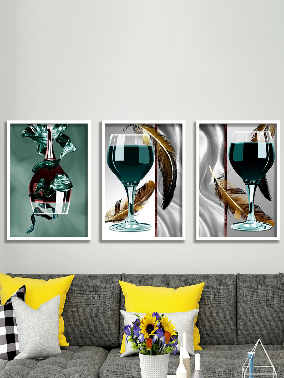 SAF Teal Green & White 3-Pieces Wine Glass Printed Framed Wall Art