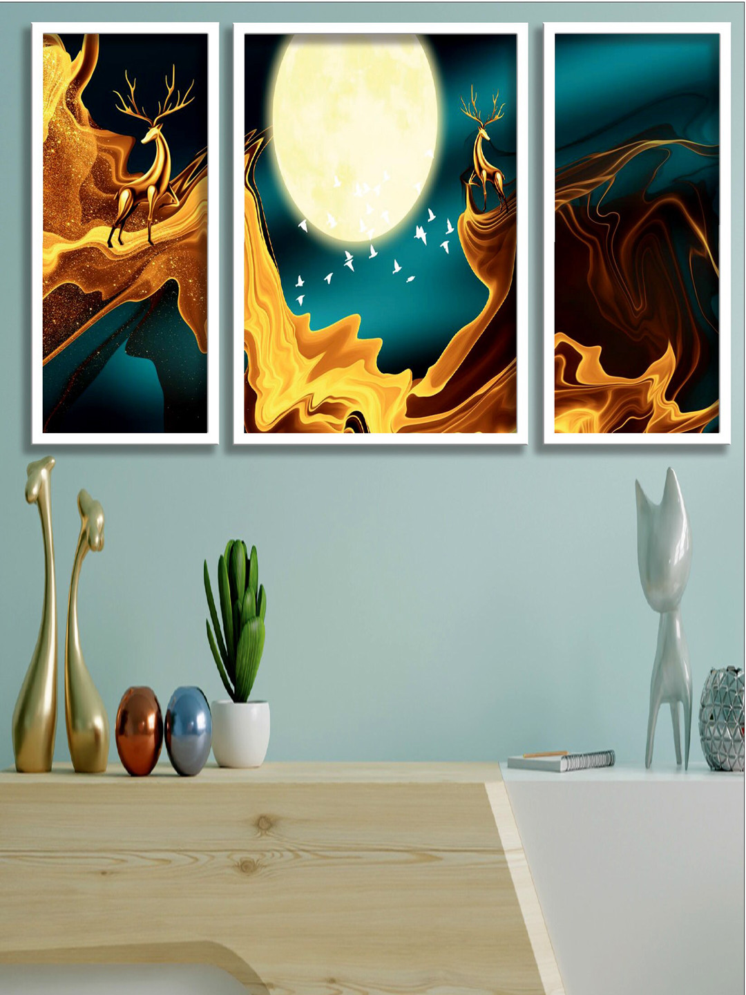 SAF Blue & Brown 3-Pieces Deer And Moon Printed Framed Wall Art