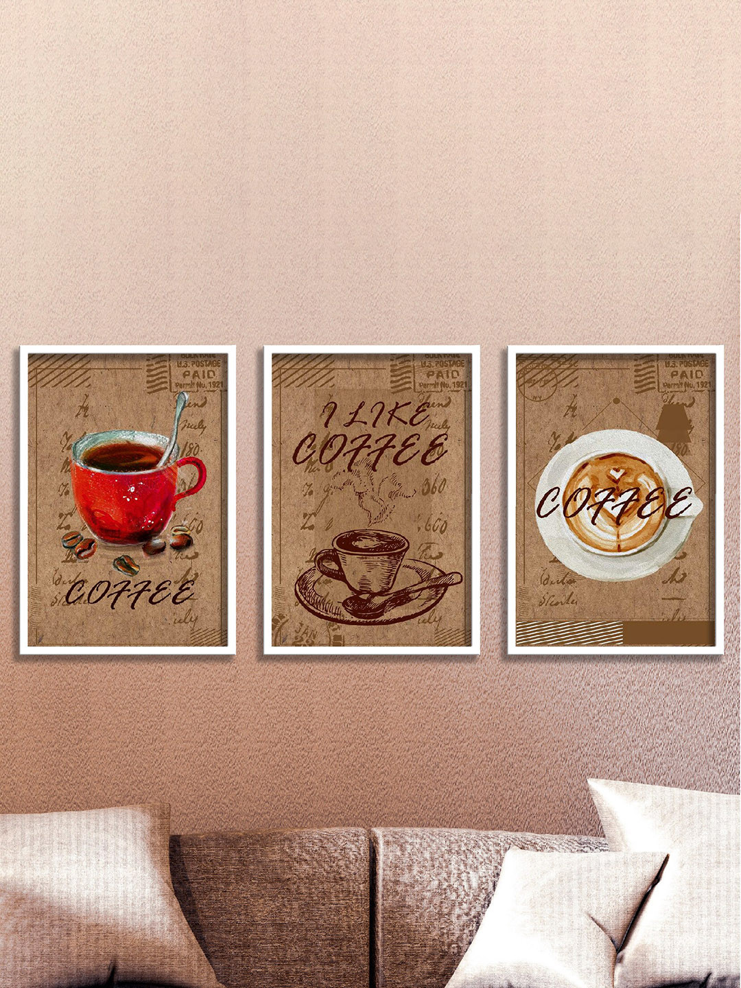 SAF Brown & Red 3-Pieces Coffee Mug Printed Framed Wall Art