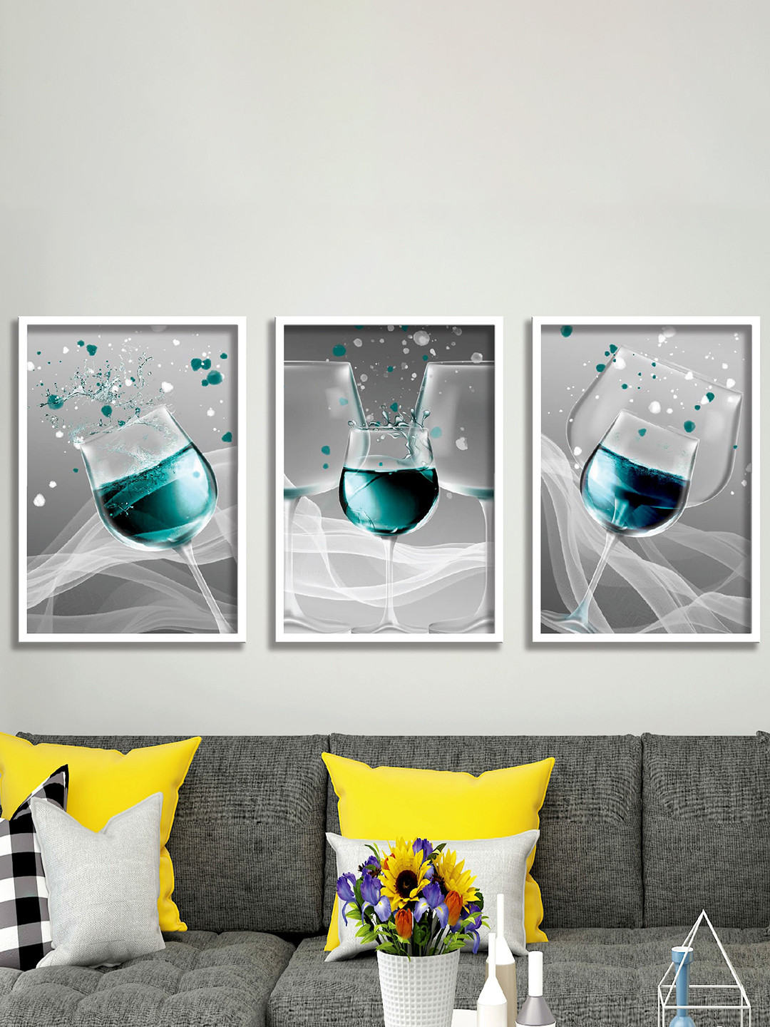 SAF Grey & Blue 3-Pieces Wine Printed Framed Wall Art