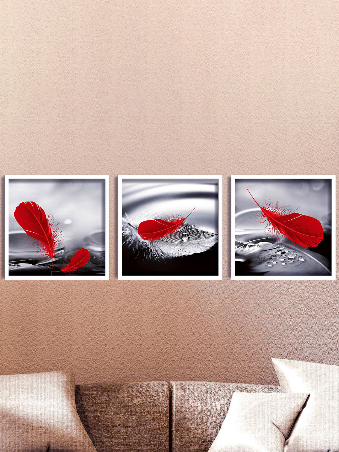 SAF Grey & Red 3-Pieces Feather Printed Framed Wall Art