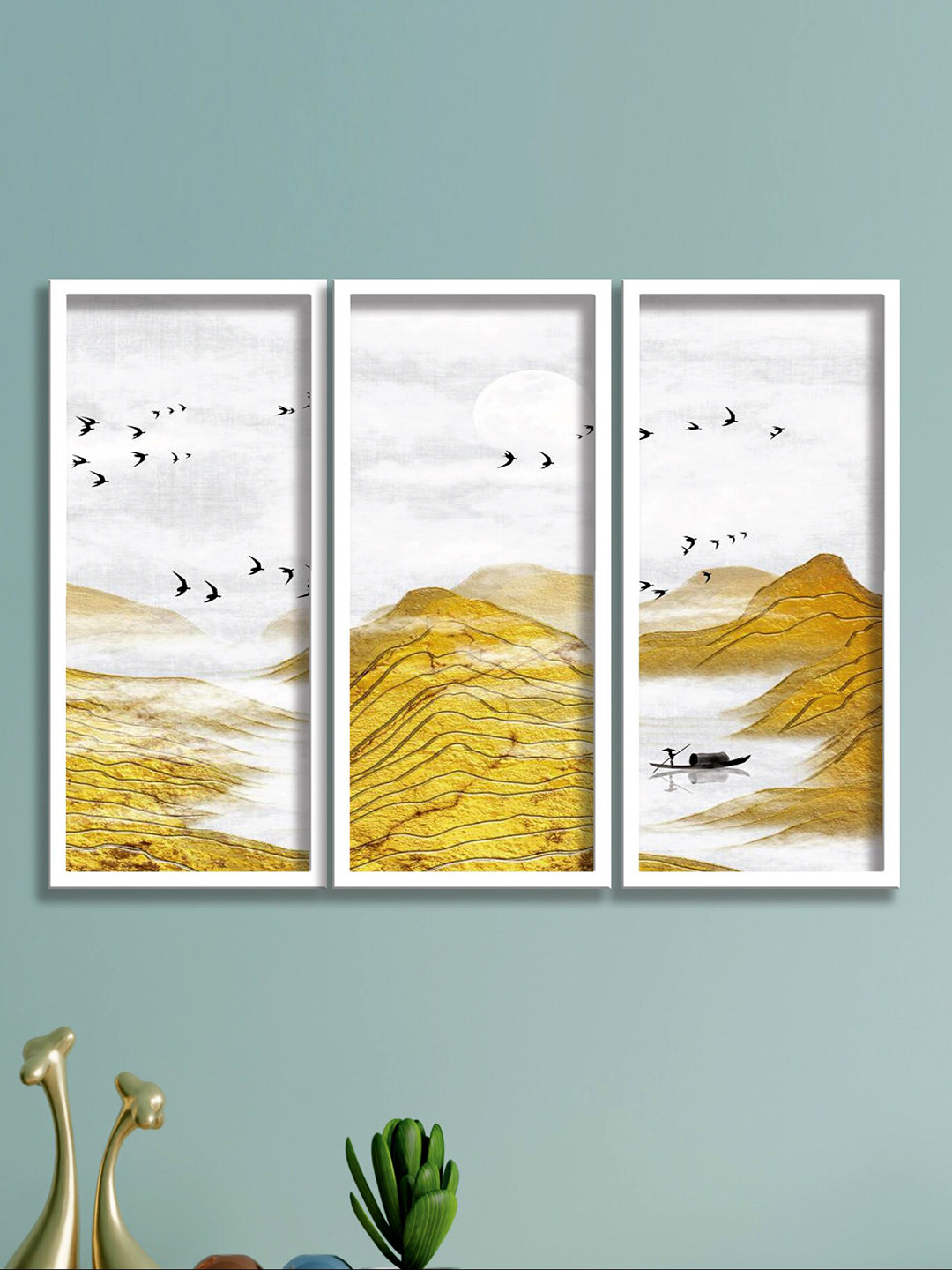 SAF Boat & Birds Canvas 3 Pcs Wall Rectangle Paintings Wall Art -16.5x7.5In