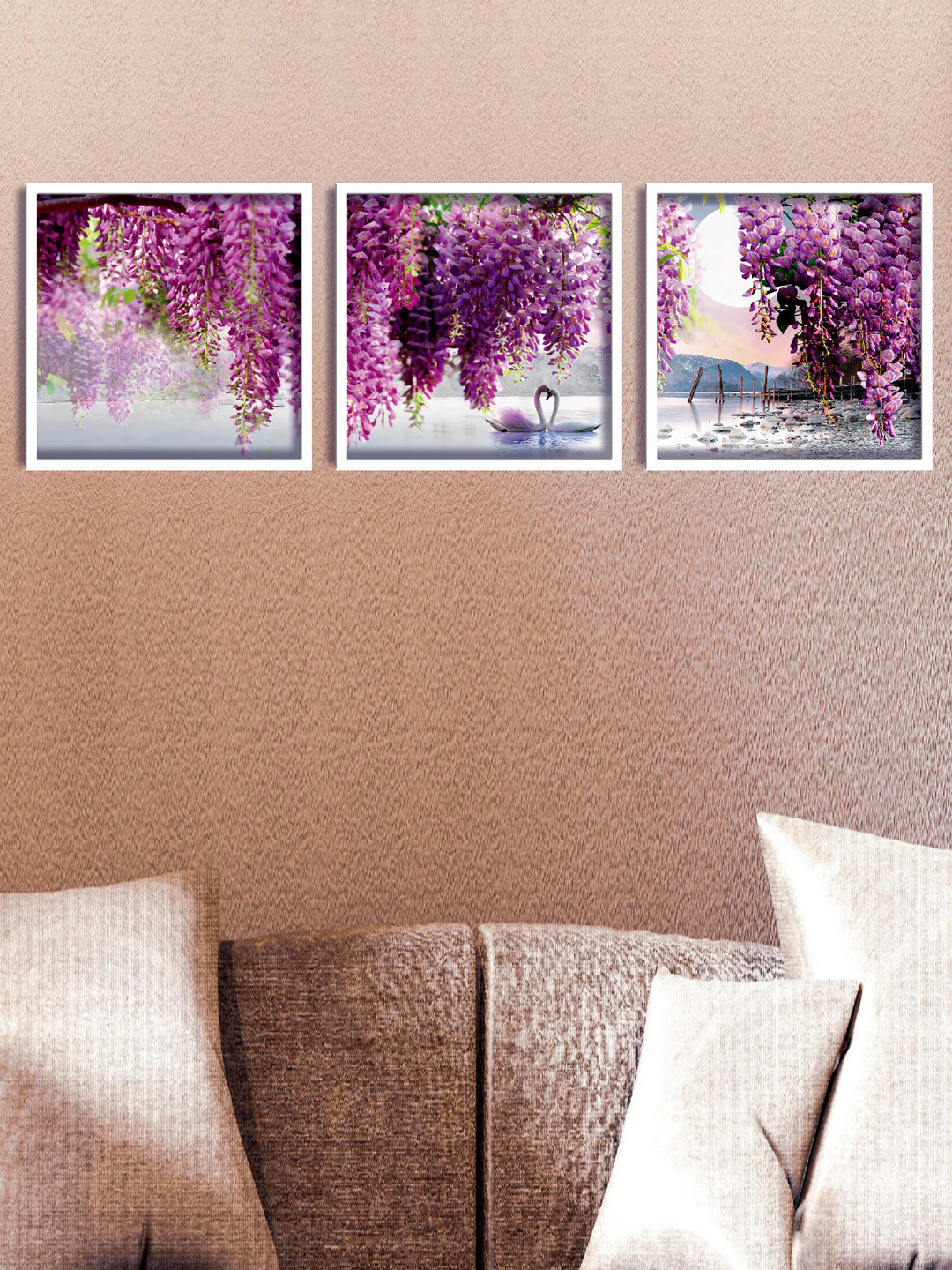 SAF Grey & Purple 3-Pieces Flower Printed Framed Wall Art
