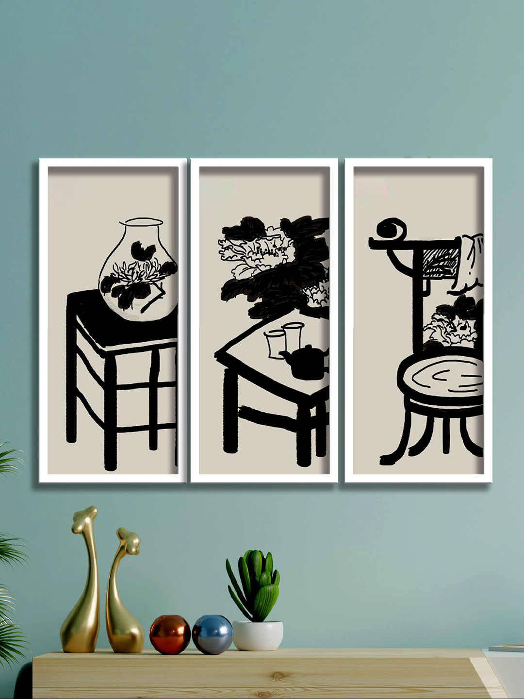 SAF Flower Grey Canvas 3 Pcs Wall Living Room Rectangle Paintings Wall Art -16.5 x 7.5In