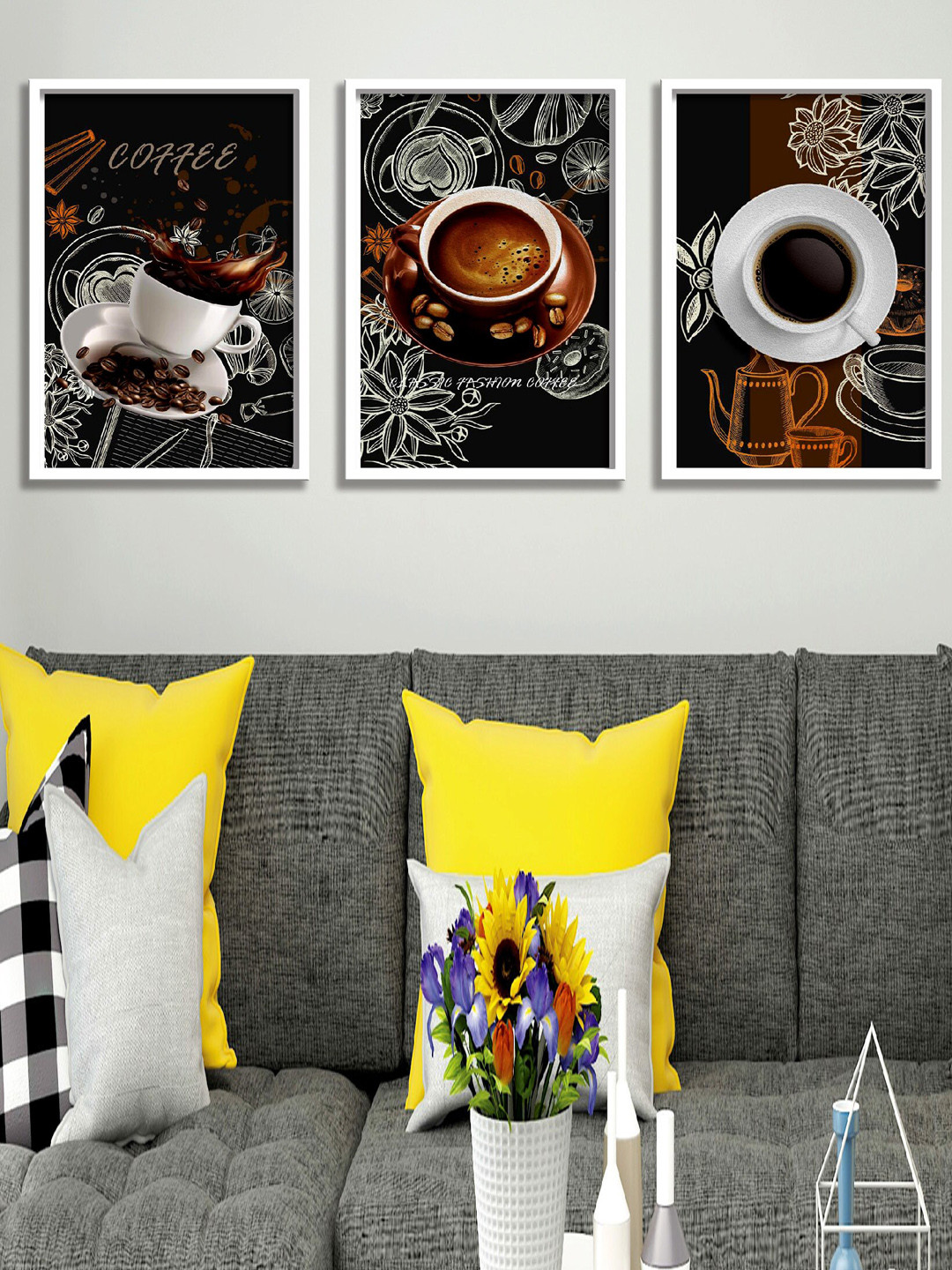 SAF Black & Brown 3 Pieces Coffee Mug Painting Wall Art