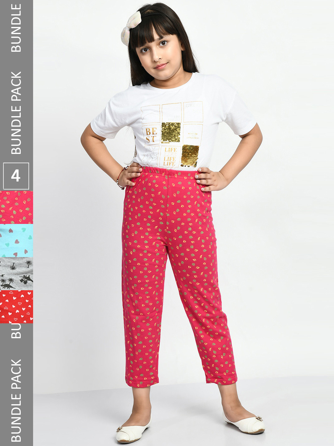 BAESD Girls Pack Of 4 Printed Pure Cotton Mid-Rise Lounge Pants