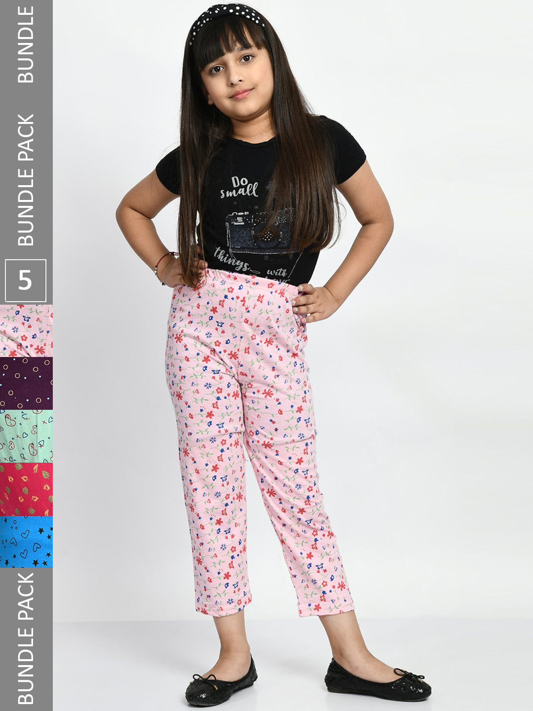 BAESD Girls Pack Of 5 Printed Pure Cotton Lounge Pants