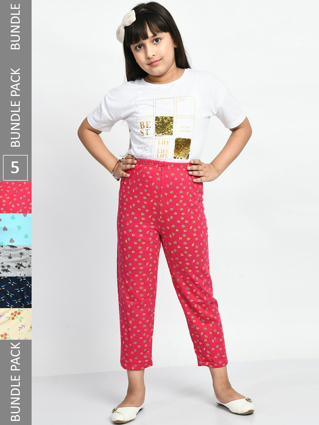 BAESD Girls Pack Of 5 Printed Pure Cotton Lounge Pants