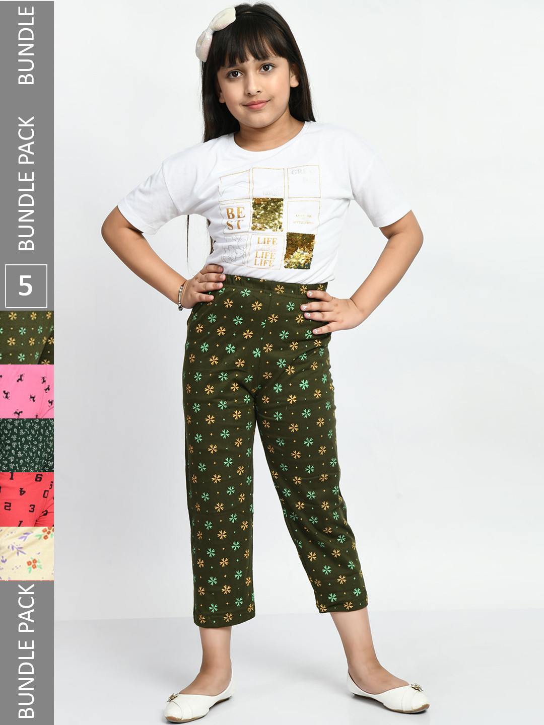 BAESD Girls Pack Of 5 Printed Pure Cotton Lounge Pants