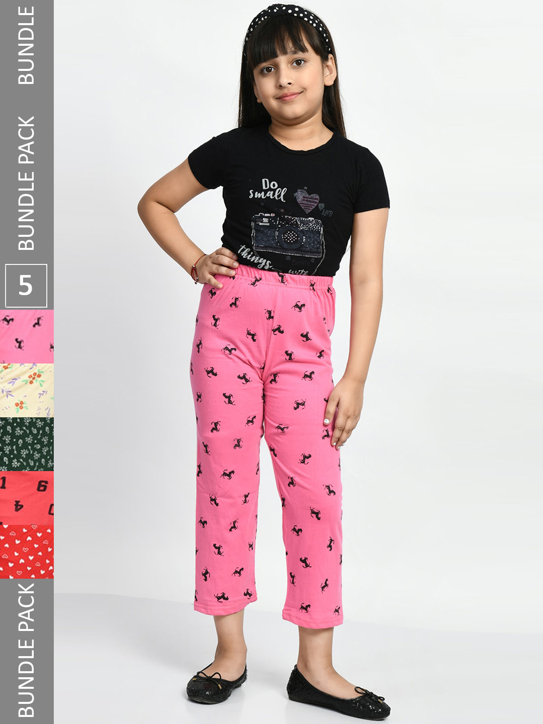 BAESD Girls Pack Of 5 Printed Pure Cotton Lounge Pants