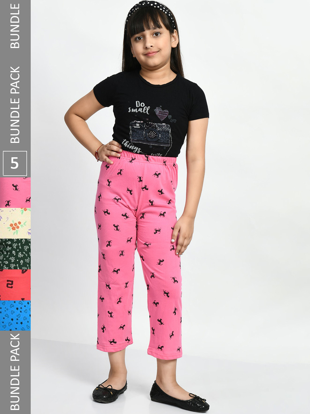 BAESD Girls Pack Of 5 Printed Pure Cotton Lounge Pants