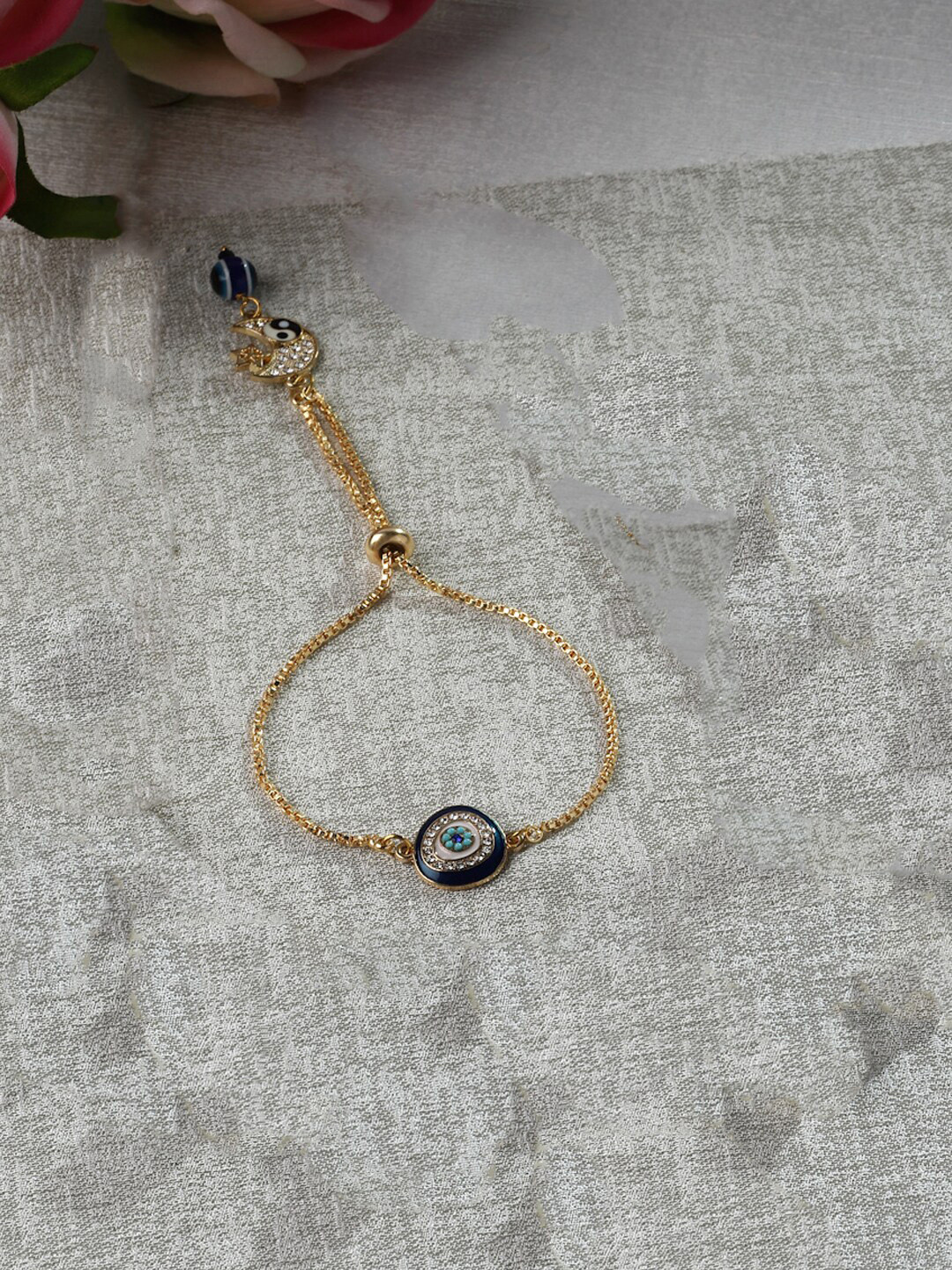 DUGRISTYLE Gold-Plated Pearls & Natural Stones Charm Adjustable Bracelet