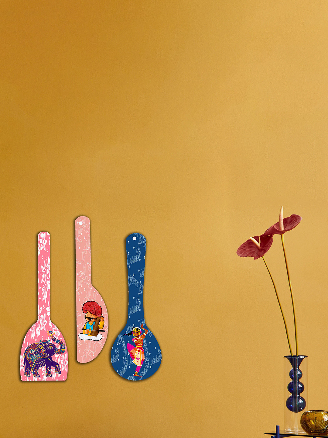 SAF Spoon Shape Rajasthani Art MDF Pine Wood Ethnic Motifs Matte 3Pcs Wall Hangings-17In