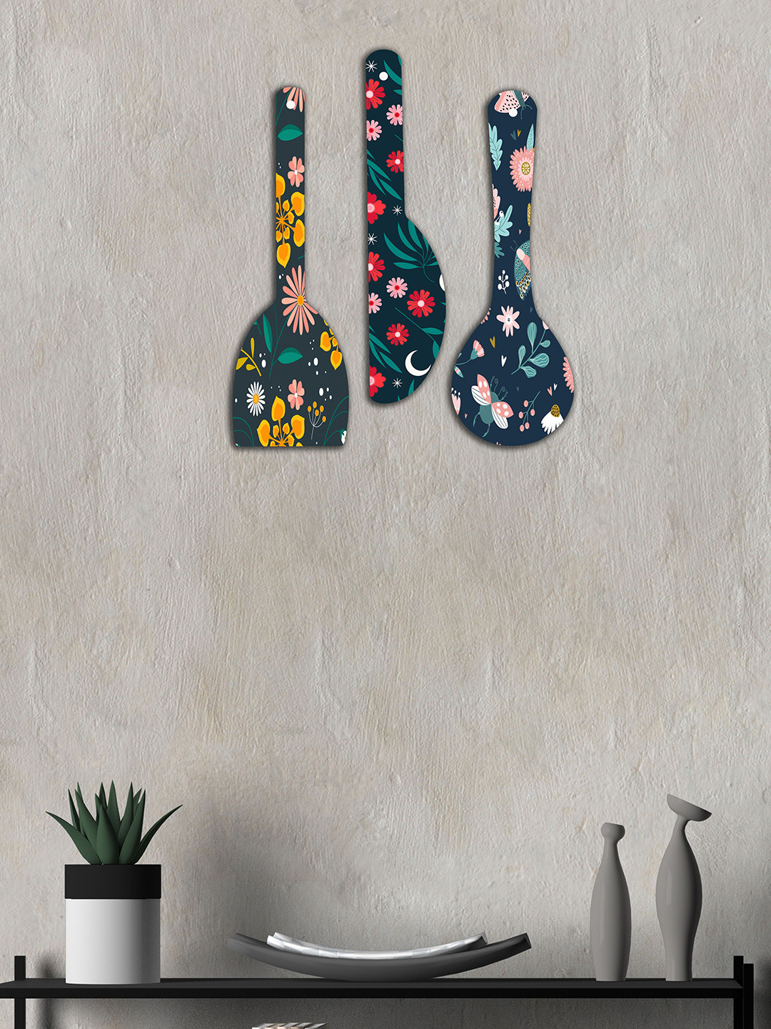 SAF Spoon Shape Floral Designer MDF Pine Wood Matte Hanging Hall 3Pcs Wall Hangings-17In