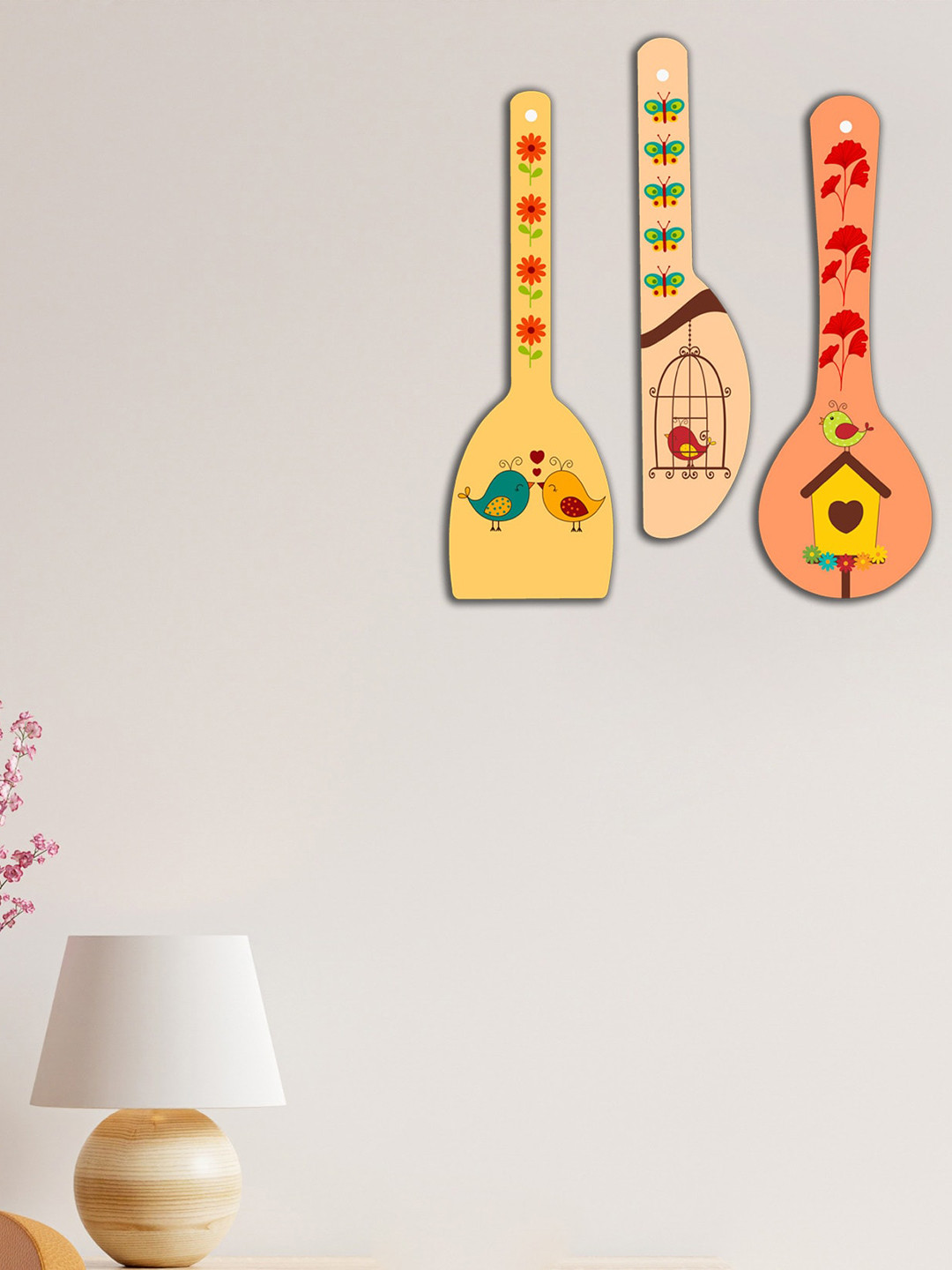 SAF Spoon Shape Love Birds Designer MDF Pine Wood Floral Matte 3Pcs Wall Hangings-17In