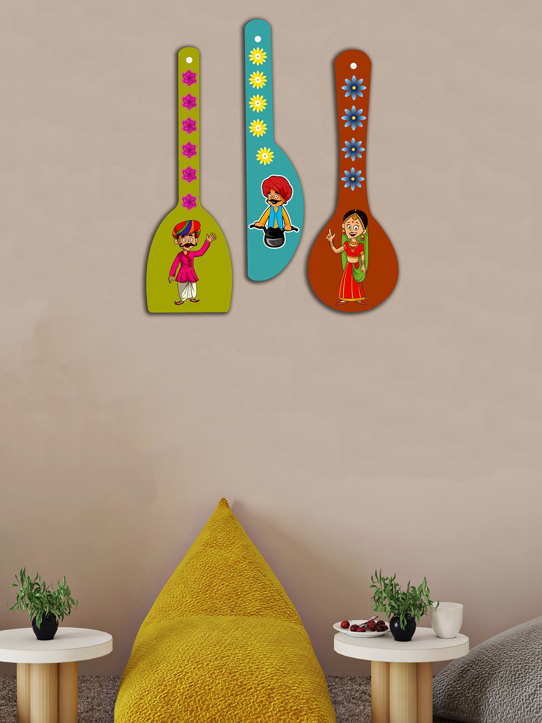 SAF Rajasthani Art MDF Pine Wood Ethnic Motifs Glossy Hall 3Pcs Wall Hangings-6.7In