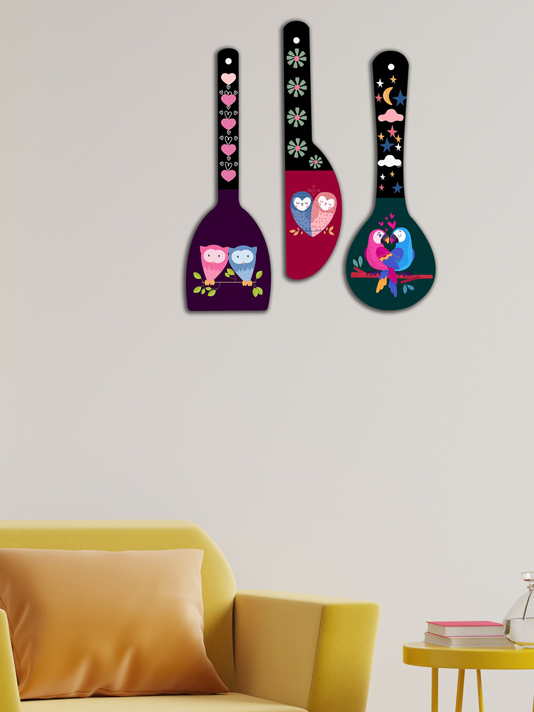 SAF Love Birds MDF Pine Wood Floral Matte Hanging Hall 3Pcs Wall Hangings-17In