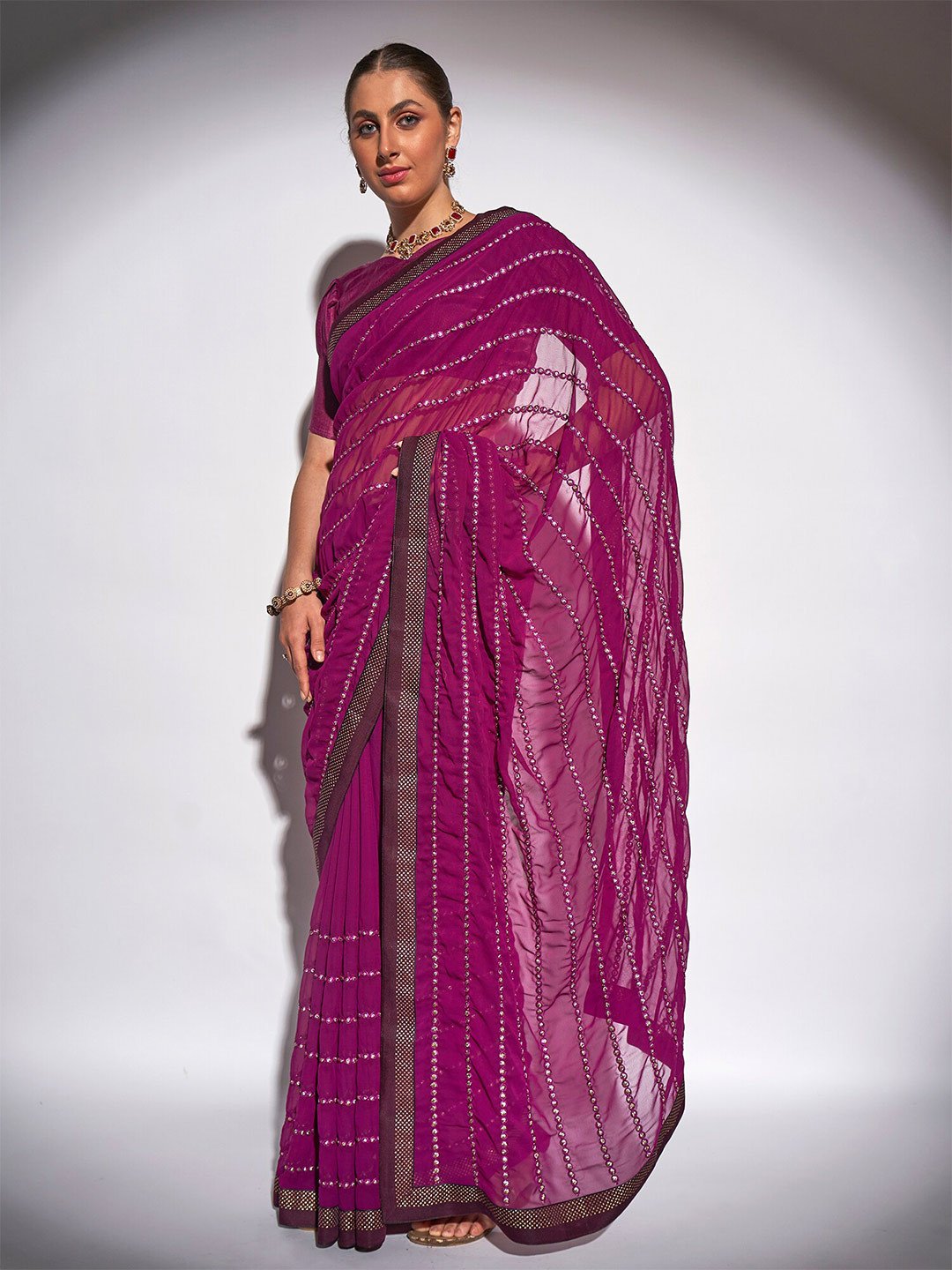 Kalista Purple & Gold-Toned Embellished Beads and Stones Pure Georgette Saree