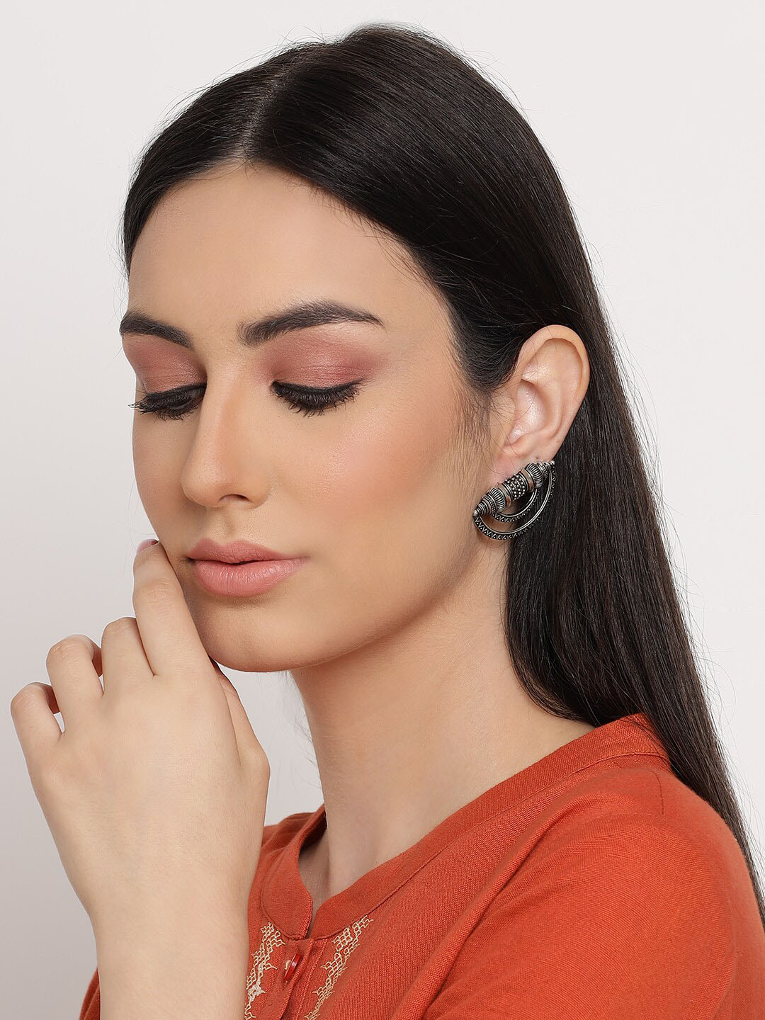 Sangria Silver-Plated Cresent Shaped Oxidised Stud Earrings