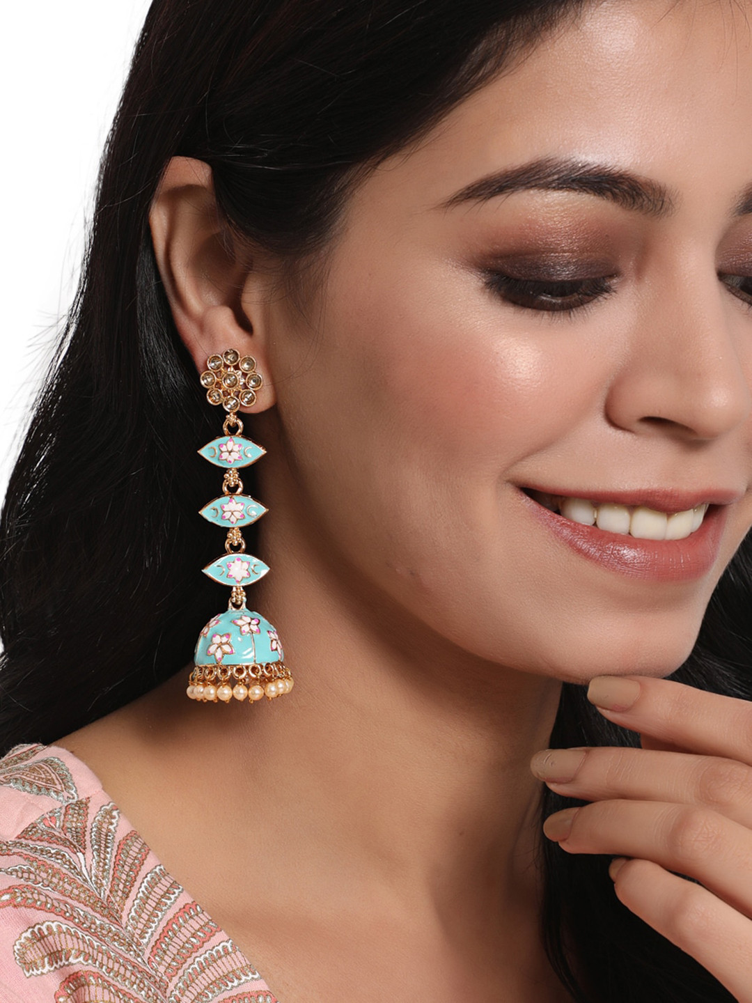 Sangria Gold-Plated Stone Studded Floral Meenakari Long Jhumka
