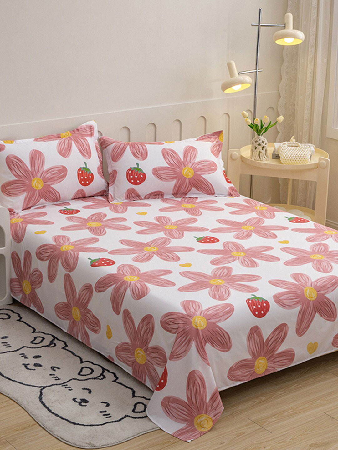 JC HOME Velar Sib White Floral Polycotton 144 TC King Bedsheet with 2 Pillow Covers-91 x 98 inches