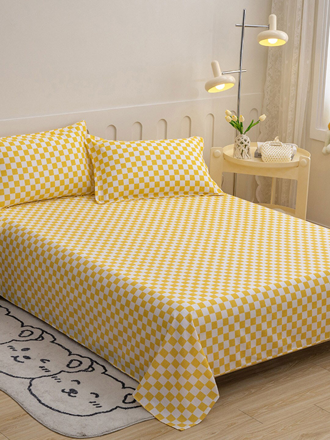 JC HOME Yellow Checked Polycotton Skin-Friendly 140 TC Queen Bedsheet with 2 Pillow Covers-220 x 230 cm