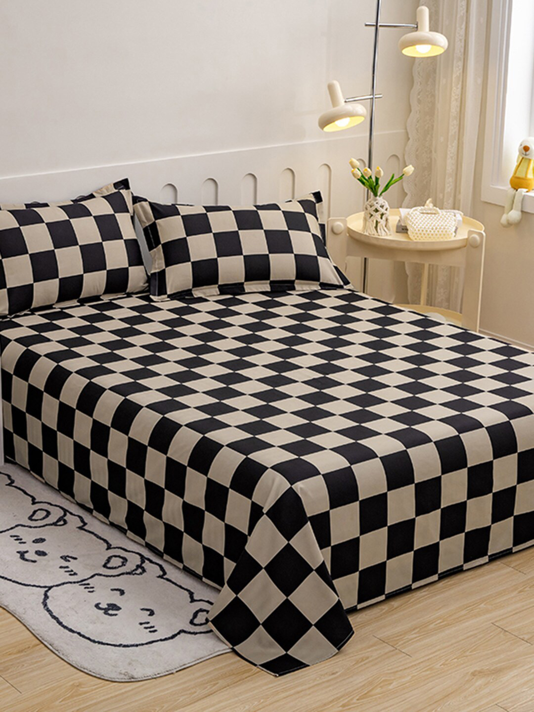 JC HOME Brown Geometric Polycotton 140 TC King Bedsheet with 2 Pillow Covers-9 x 98 inches