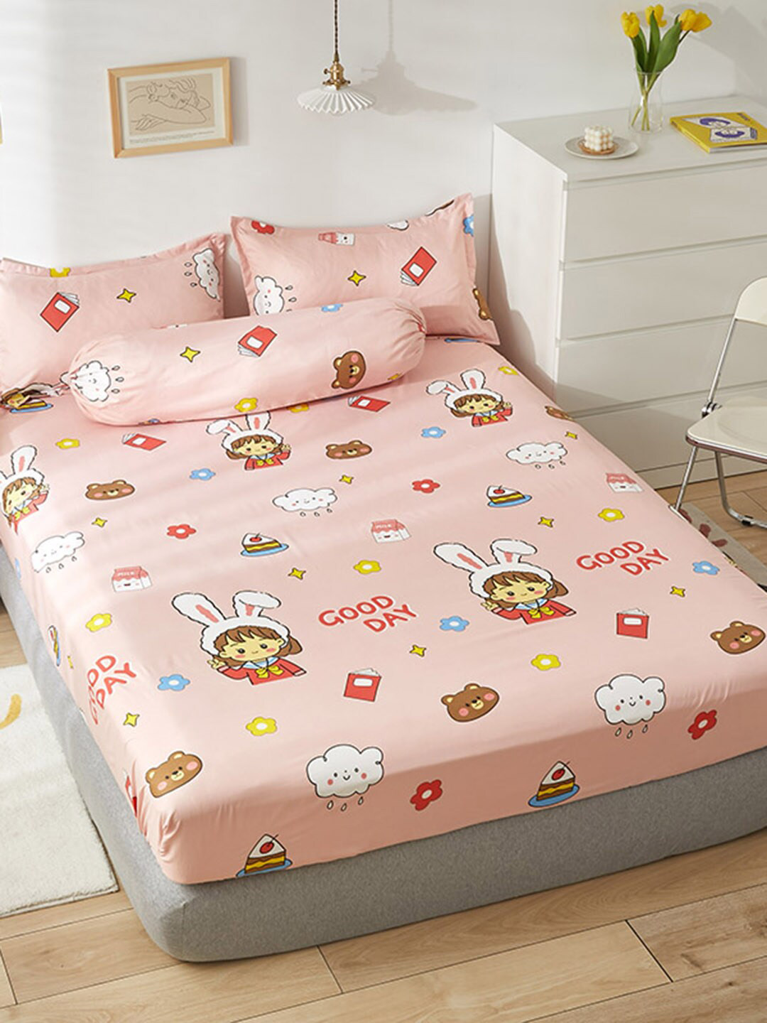 JC HOME Pink Conversational Polycotton 150 TC Fitted Double Bedsheet with a Pillow Cover-47 x 79 inches